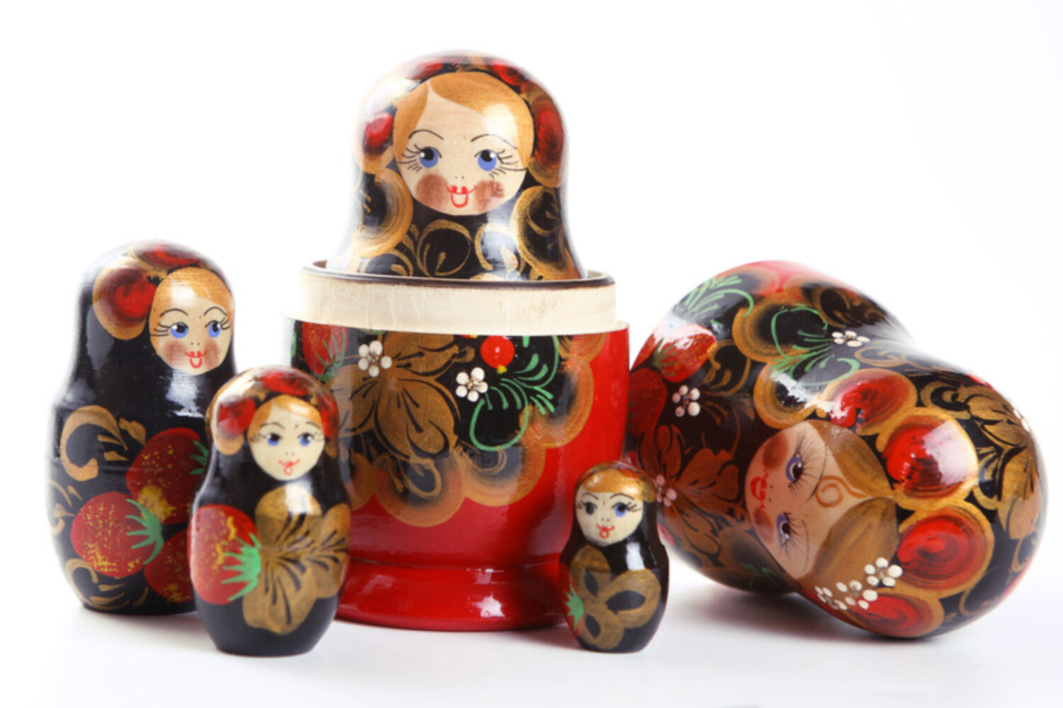 A colorful image of painted miniature Russian dolls.