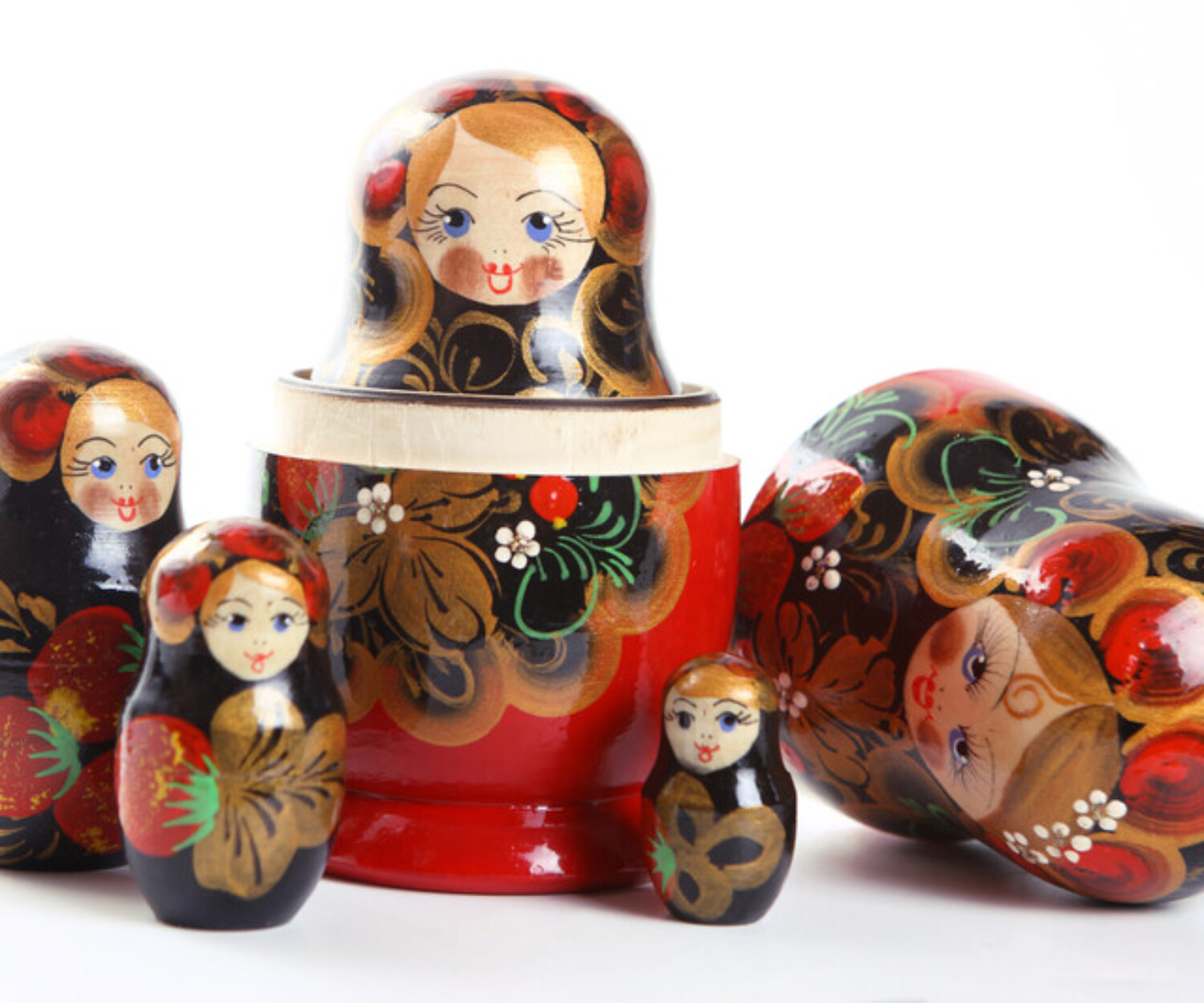A colorful image of painted miniature Russian dolls.