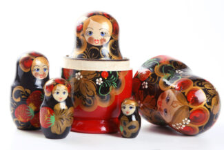 A colorful image of painted miniature Russian dolls.
