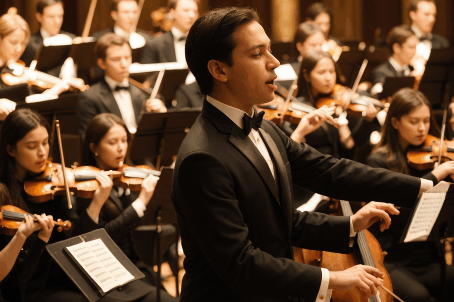 Young male conductor leading an orchestra - this image may interest our accent reduction clients who need help with presentation skills