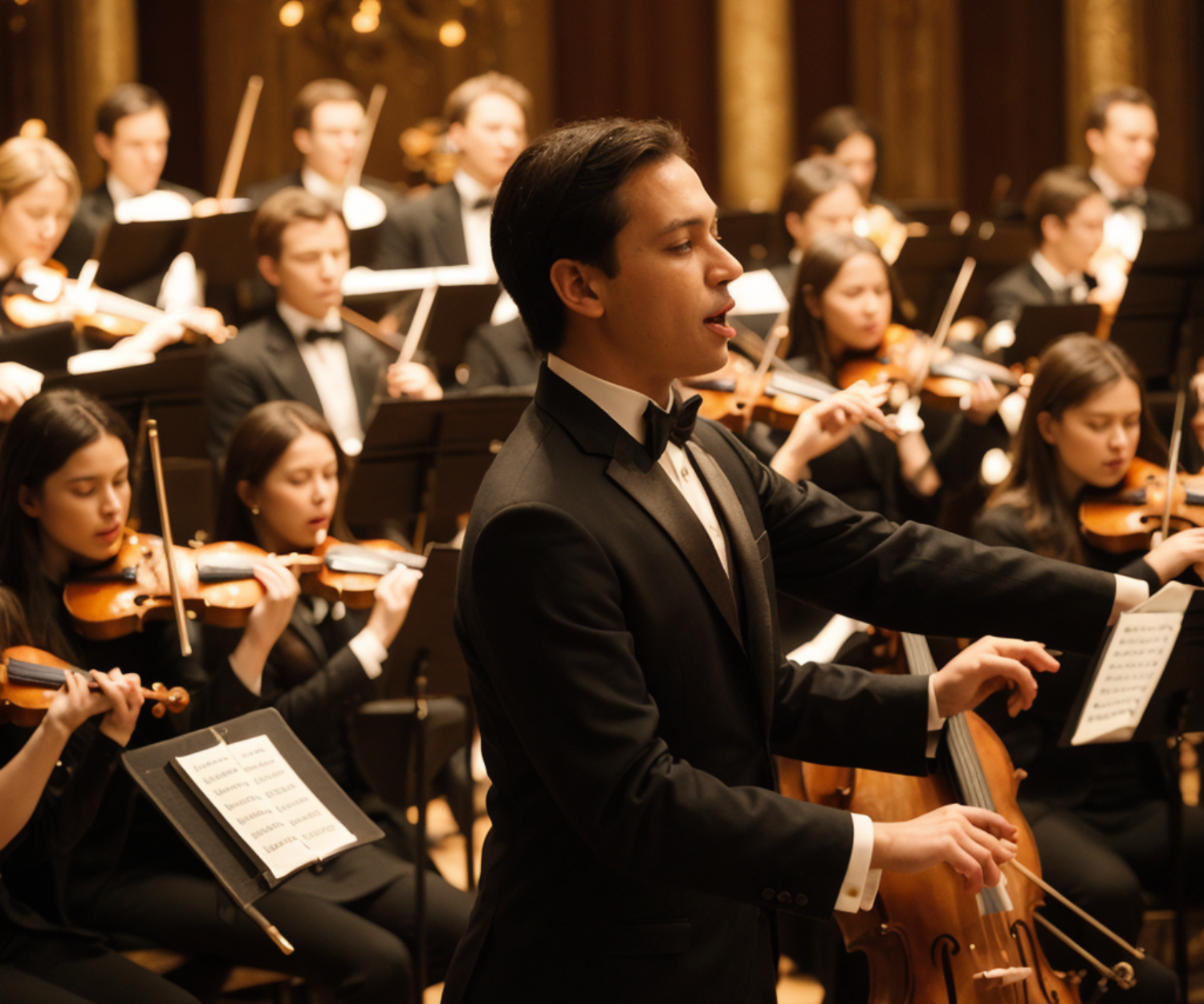 Young male conductor leading an orchestra - this image may interest our accent reduction clients who need help with presentation skills