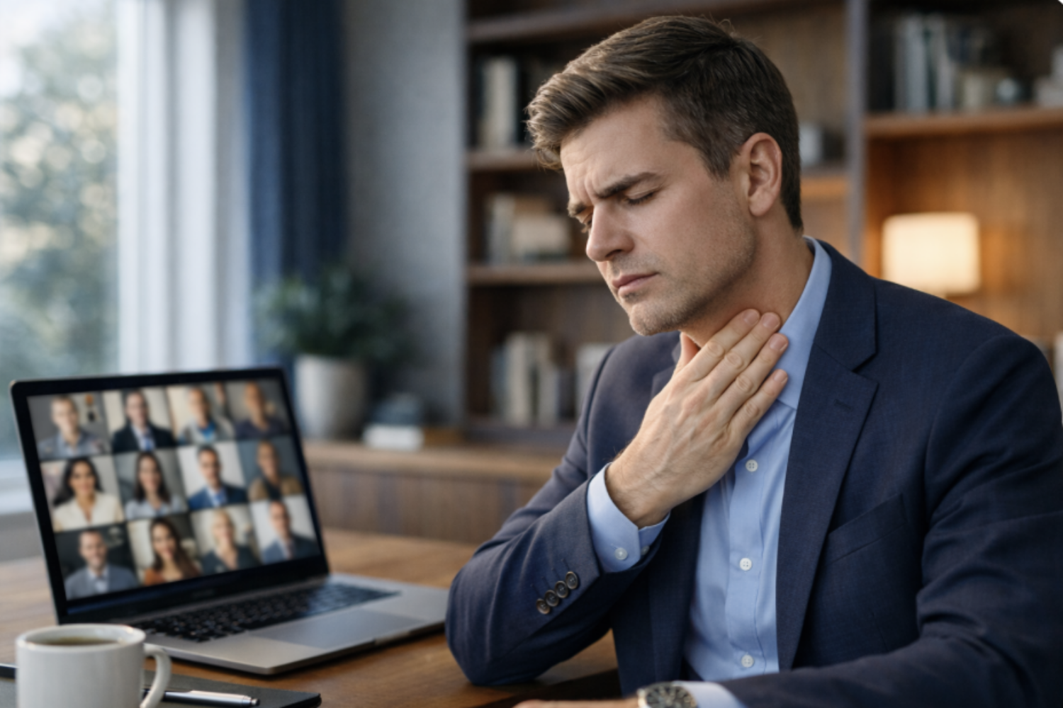 a man in his 20s looking like he's in pain, holding his throat with a zoom call going on on his laptop - voice therapy recommended