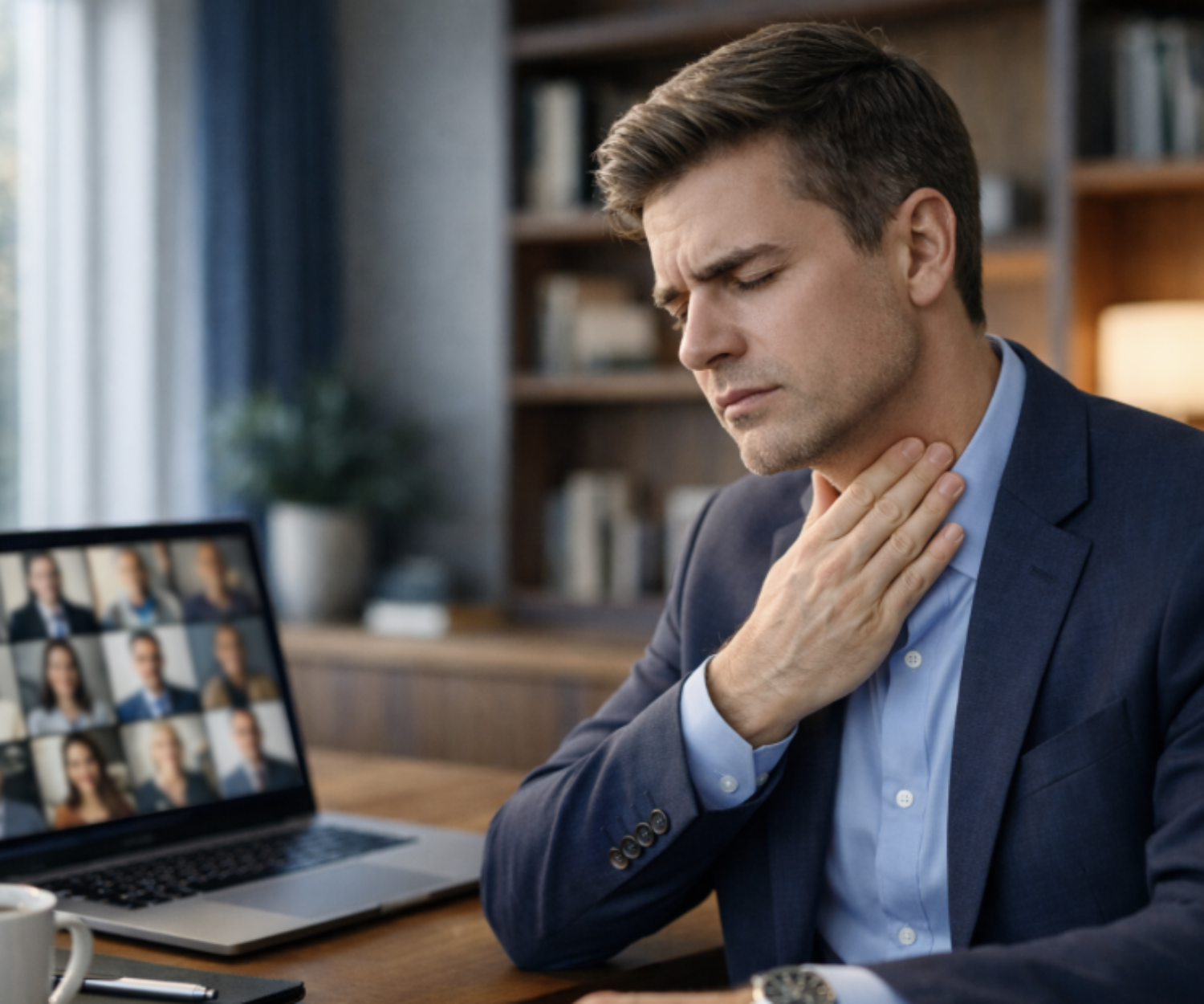 a man in his 20s looking like he's in pain, holding his throat with a zoom call going on on his laptop - voice therapy recommended